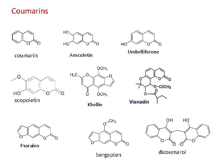 Coumarins coumarin scopoletin Umbelliferone Aesculetin Khellin Psoralen bergapten dicoumarol 