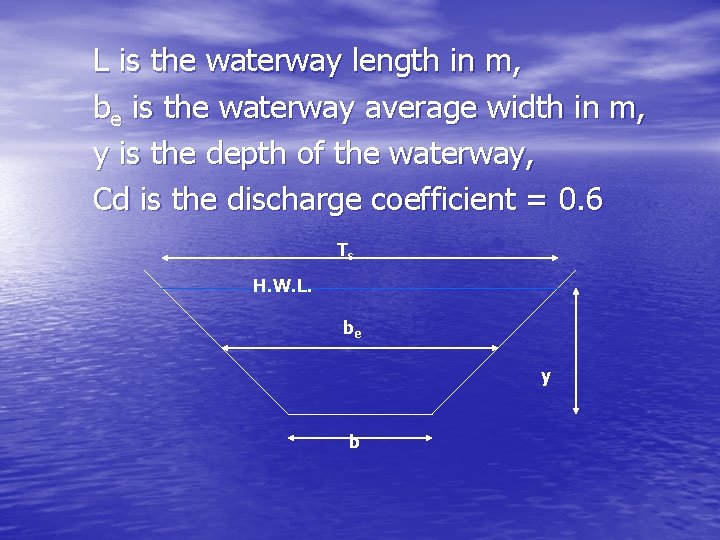 L is the waterway length in m, be is the waterway average width in