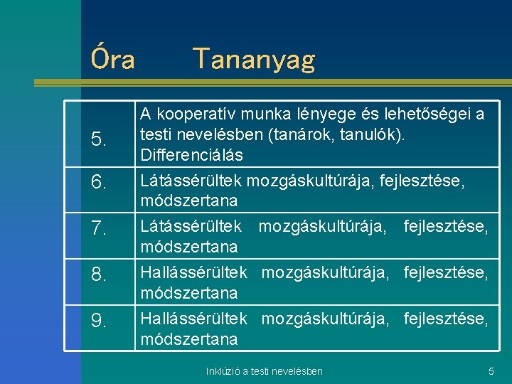 Óra 5. 6. 7. 8. 9. Tananyag A kooperatív munka lényege és lehetőségei a