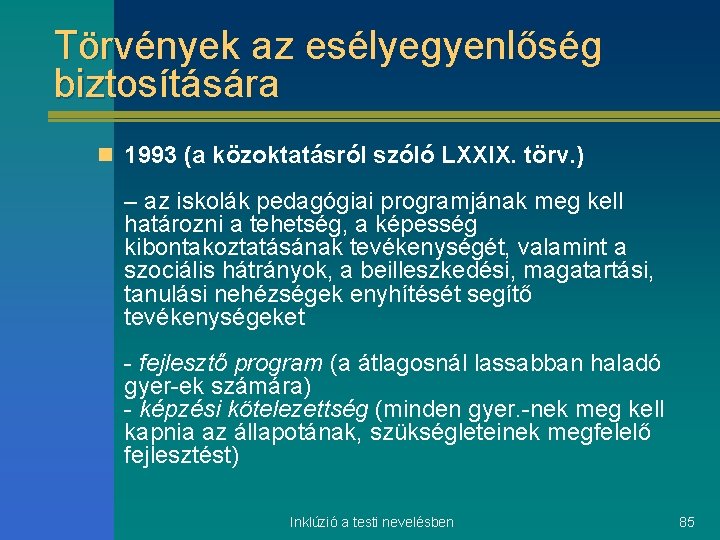 Törvények az esélyegyenlőség biztosítására n 1993 (a közoktatásról szóló LXXIX. törv. ) – az