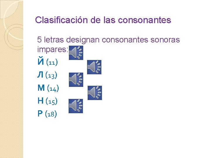 Clasificación de las consonantes 5 letras designan consonantes sonoras impares: Й (11) Л (13)