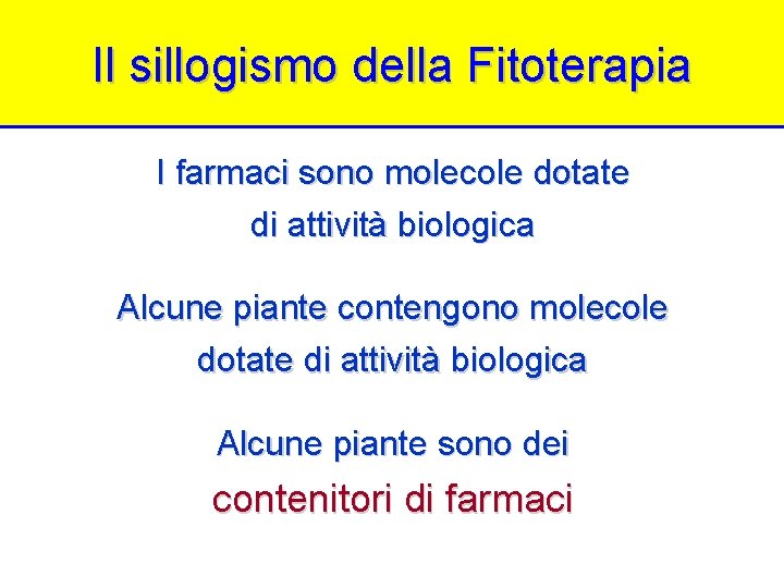 Il sillogismo della Fitoterapia I farmaci sono molecole dotate di attività biologica Alcune piante