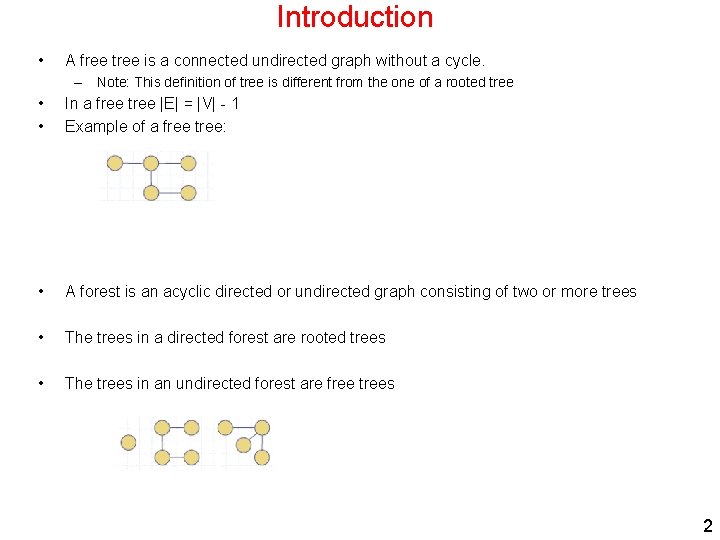 Introduction • A free tree is a connected undirected graph without a cycle. –