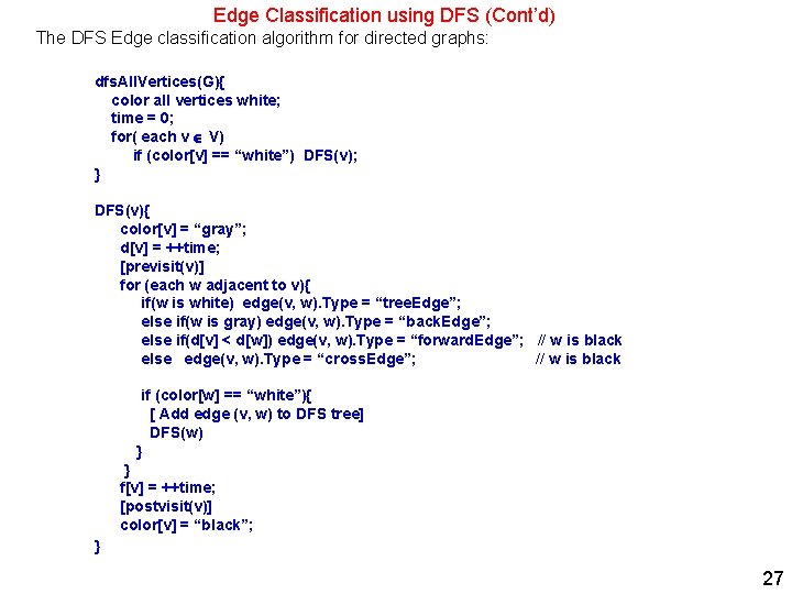 Edge Classification using DFS (Cont’d) The DFS Edge classification algorithm for directed graphs: dfs.