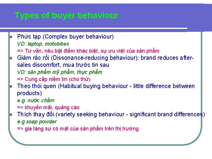 Types of buyer behaviour l Phức tạp (Complex buyer behaviour) VD: laptop, motobikes =>