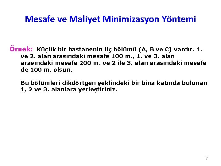 Mesafe ve Maliyet Minimizasyon Yöntemi Örnek: Küçük bir hastanenin üç bölümü (A, B ve