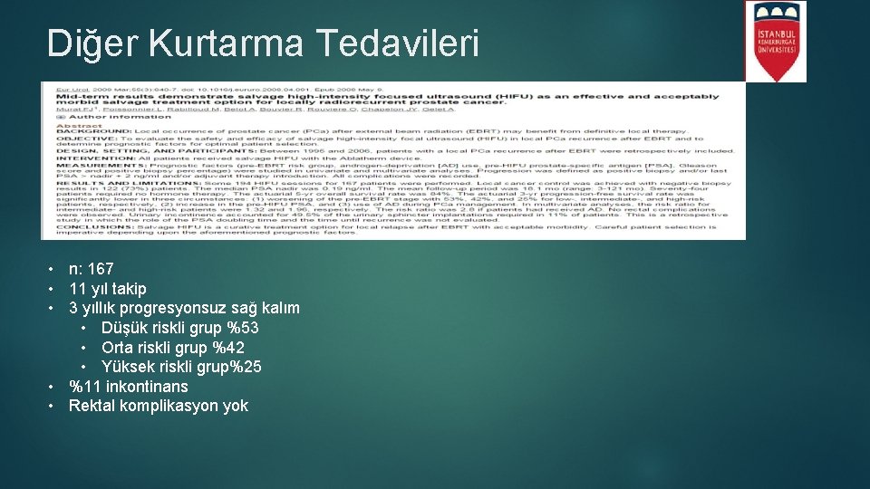 Diğer Kurtarma Tedavileri • n: 167 • 11 yıl takip • 3 yıllık progresyonsuz