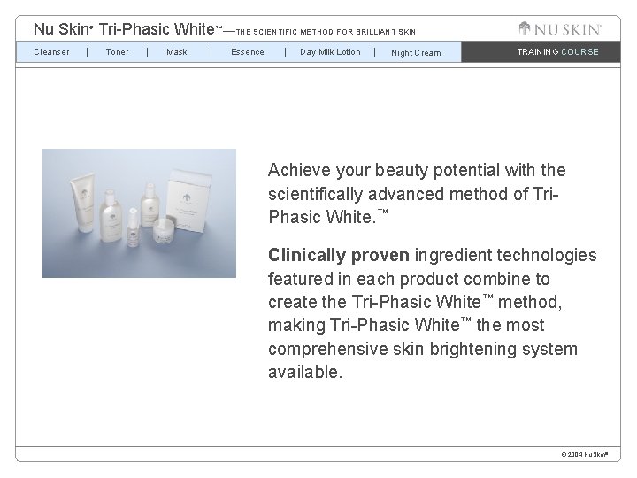 Nu Skin Tri-Phasic White™—THE SCIENTIFIC METHOD FOR BRILLIANT SKIN ® Cleanser Toner Mask Essence