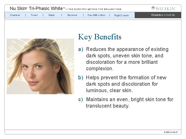 Nu Skin Tri-Phasic White™—THE SCIENTIFIC METHOD FOR BRILLIANT SKIN ® Cleanser Toner Mask Essence