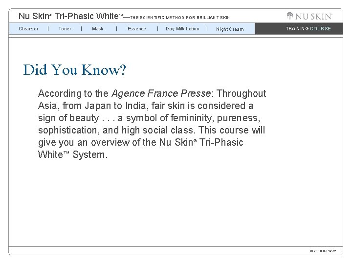Nu Skin Tri-Phasic White™—THE SCIENTIFIC METHOD FOR BRILLIANT SKIN ® Cleanser Toner Mask Essence