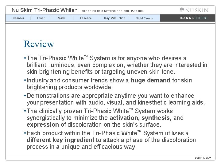 Nu Skin Tri-Phasic White™—THE SCIENTIFIC METHOD FOR BRILLIANT SKIN ® Cleanser Toner Mask Essence