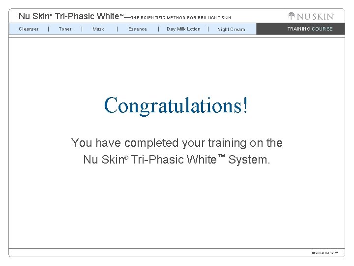 Nu Skin Tri-Phasic White™—THE SCIENTIFIC METHOD FOR BRILLIANT SKIN ® Cleanser Toner Mask Essence