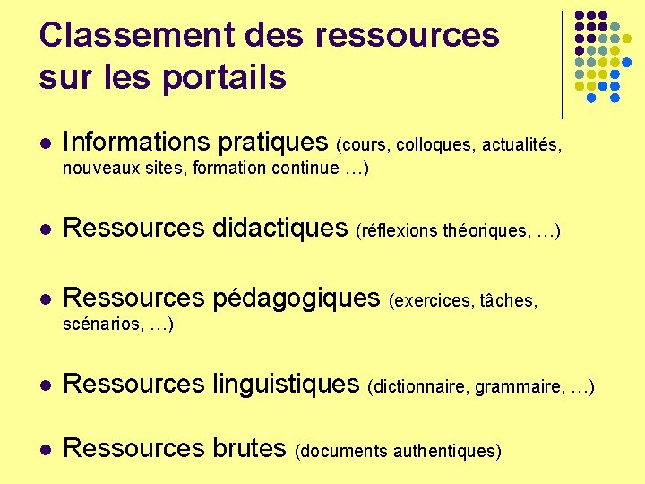 Classement des ressources sur les portails l Informations pratiques (cours, colloques, actualités, nouveaux sites,