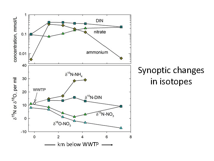Synoptic changes in isotopes km below WWTP 