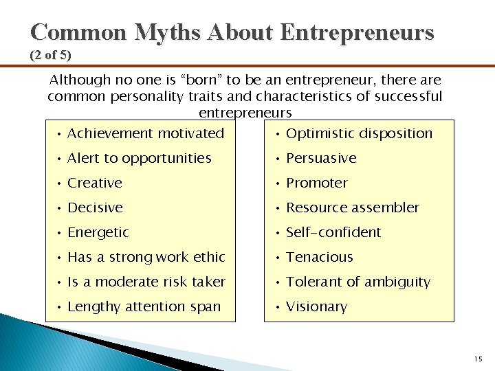 Common Myths About Entrepreneurs (2 of 5) Although no one is “born” to be