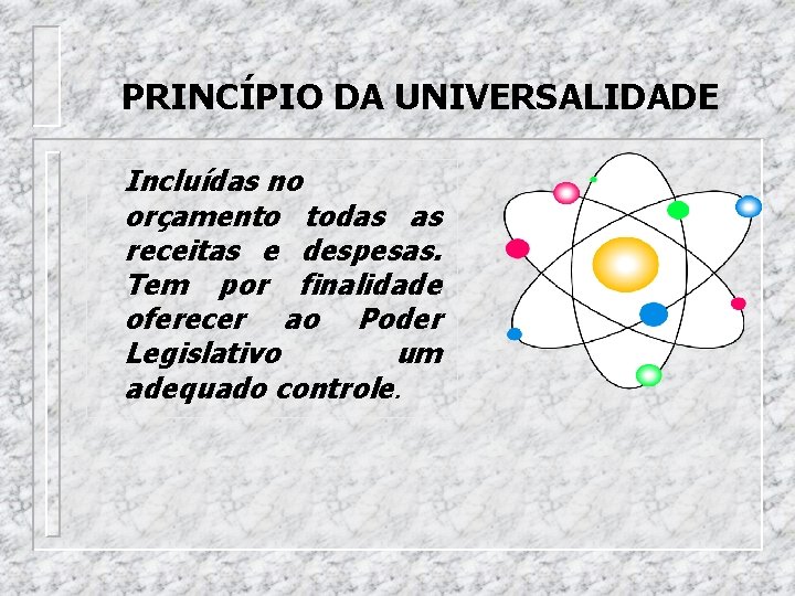 PRINCÍPIO DA UNIVERSALIDADE Incluídas no orçamento todas as receitas e despesas. Tem por finalidade