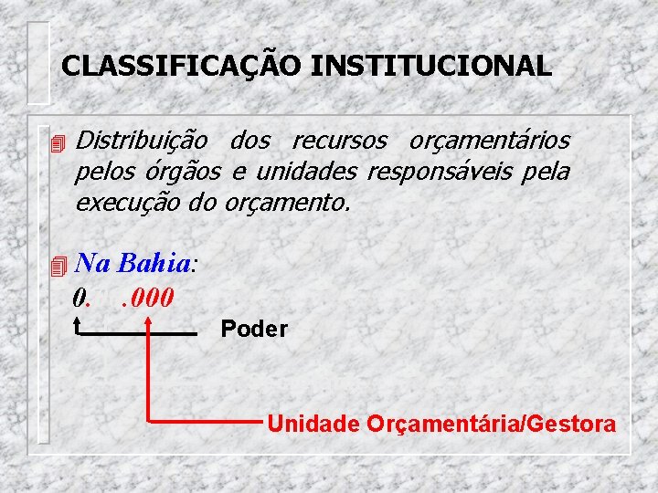 CLASSIFICAÇÃO INSTITUCIONAL 4 Distribuição dos recursos orçamentários pelos órgãos e unidades responsáveis pela execução