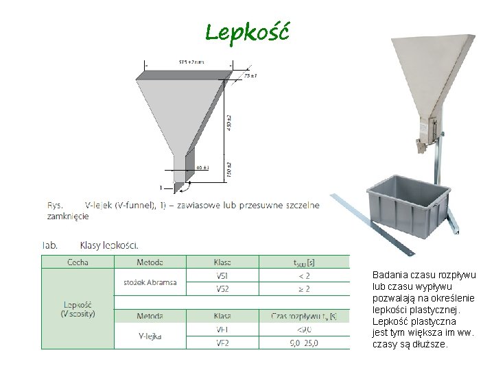 Lepkość Badania czasu rozpływu lub czasu wypływu pozwalają na określenie lepkości plastycznej. Lepkość plastyczna