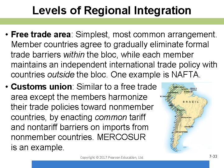 Levels of Regional Integration • Free trade area: Simplest, most common arrangement. Member countries