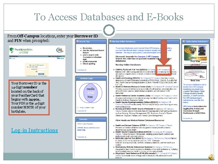 To Access Databases and E-Books From Off-Campus locations, enter your Borrower ID and PIN