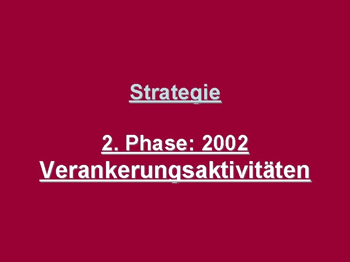 Strategie 2. Phase: 2002 Verankerungsaktivitäten Copyright: Universität Salzburg, ZFL, 2004 