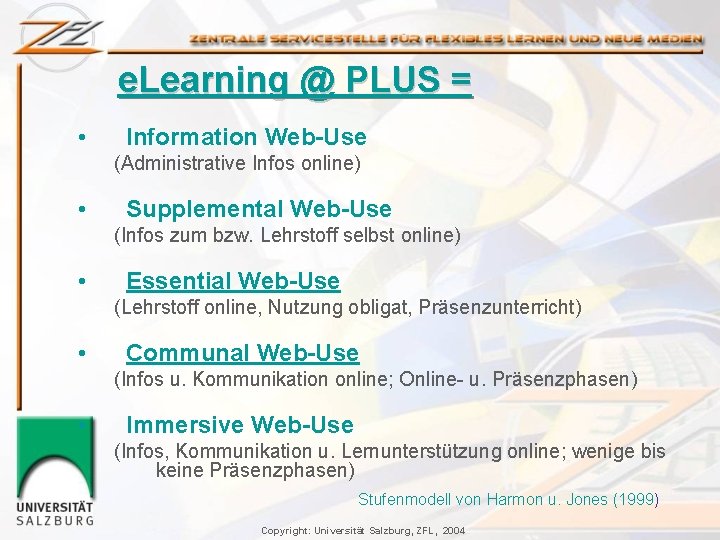 e. Learning @ PLUS = • Information Web-Use (Administrative Infos online) • Supplemental Web-Use