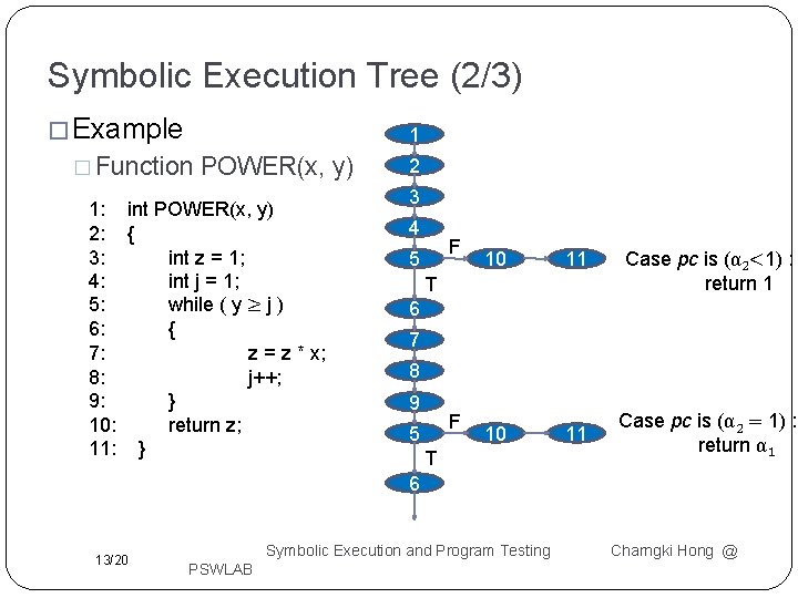 Symbolic Execution Tree (2/3) � Example 1 � Function POWER(x, y) 1: int POWER(x, Symbolic Execution Tree (2/3) � Example 1 � Function POWER(x, y) 1: int POWER(x,