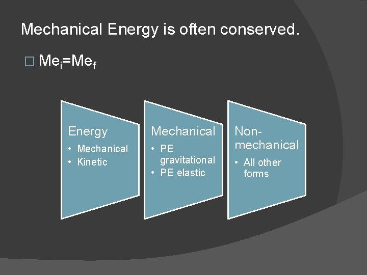 Mechanical Energy is often conserved. � Mei=Mef Energy Mechanical • Mechanical • Kinetic •