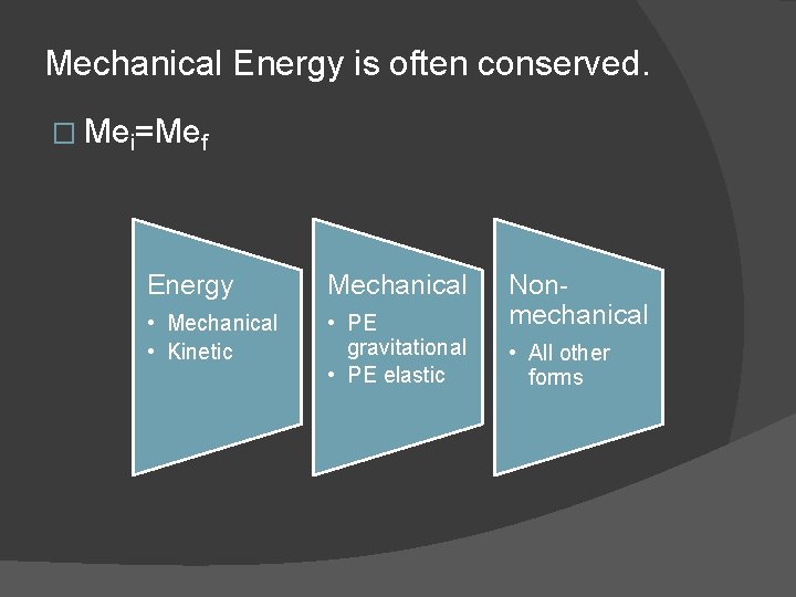 Mechanical Energy is often conserved. � Mei=Mef Energy Mechanical • Mechanical • Kinetic • Mechanical Energy is often conserved. � Mei=Mef Energy Mechanical • Mechanical • Kinetic •