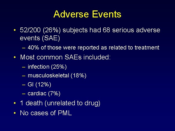 Adverse Events • 52/200 (26%) subjects had 68 serious adverse events (SAE) – 40%