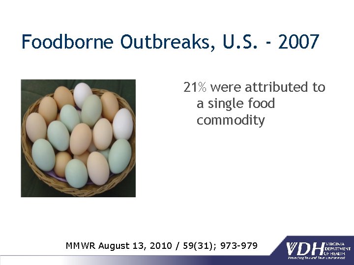 Foodborne Outbreaks, U. S. - 2007 21% were attributed to a single food commodity