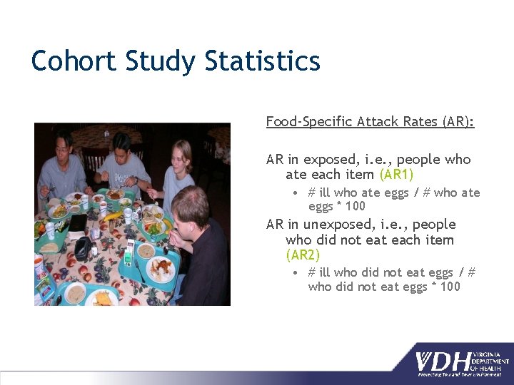 Cohort Study Statistics Food-Specific Attack Rates (AR): AR in exposed, i. e. , people