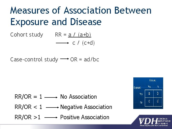 Measures of Association Between Exposure and Disease Cohort study RR = a / (a+b)