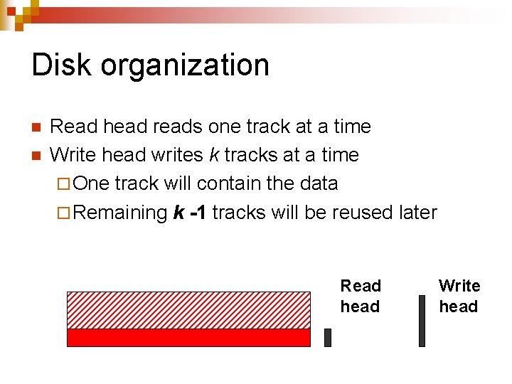 Disk organization n n Read head reads one track at a time Write head