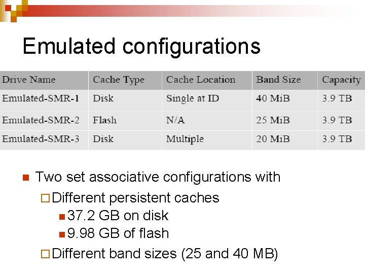 Emulated configurations n Two set associative configurations with ¨ Different persistent caches n 37.