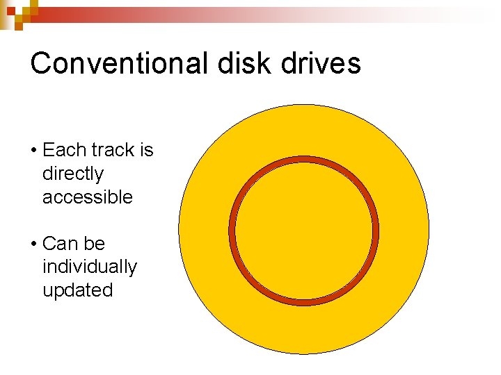 Conventional disk drives • Each track is directly accessible • Can be individually updated