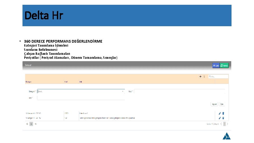 Delta Hr • 360 DERECE PERFORMANS DEĞERLENDİRME Kategori Tanımlama İşlemleri Soruların Belirlenmesi Çalışan Bağlantı