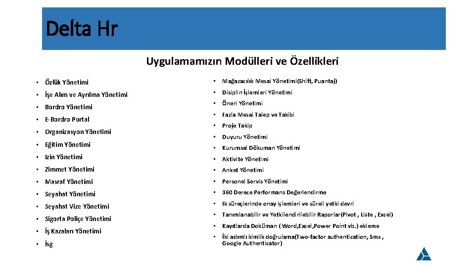 Delta Hr Uygulamamızın Modülleri ve Özellikleri • Özlük Yönetimi • Mağazacılık Mesai Yönetimi(Shift, Puantaj)