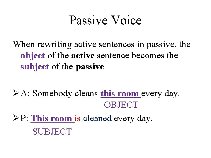 Passive Voice When rewriting active sentences in passive, the object of the active sentence