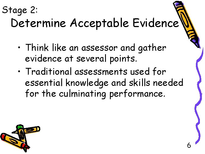 Stage 2: Determine Acceptable Evidence • Think like an assessor and gather evidence at
