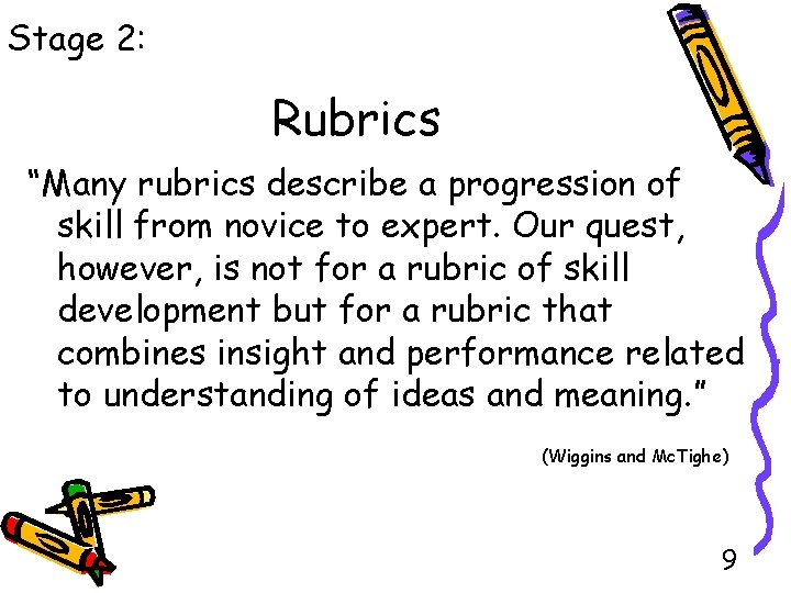 Stage 2: Rubrics “Many rubrics describe a progression of skill from novice to expert.