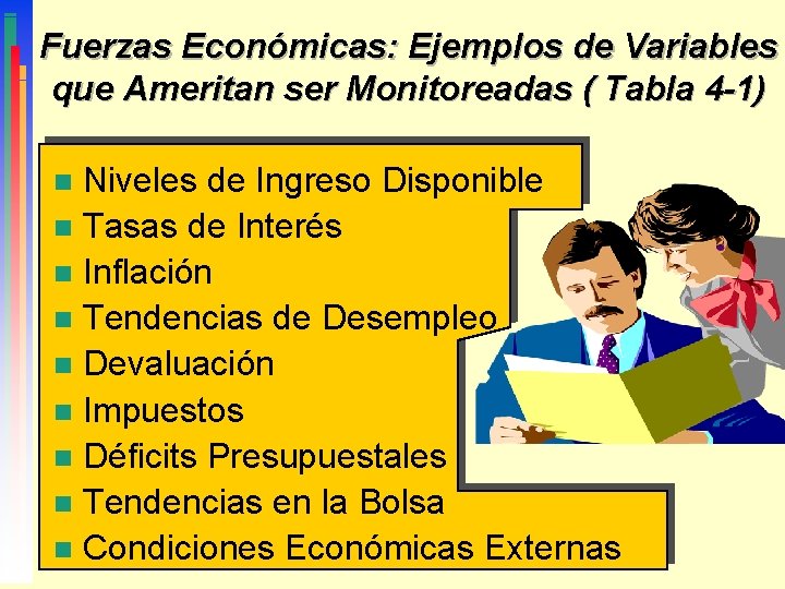 Fuerzas Económicas: Ejemplos de Variables que Ameritan ser Monitoreadas ( Tabla 4 -1) Niveles