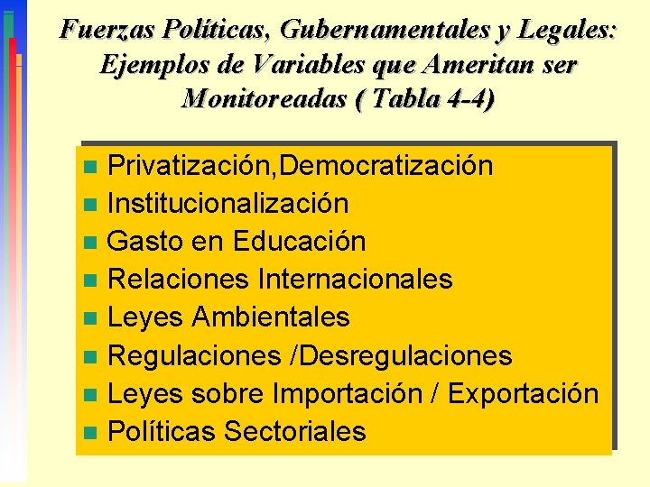 Fuerzas Políticas, Gubernamentales y Legales: Ejemplos de Variables que Ameritan ser Monitoreadas ( Tabla