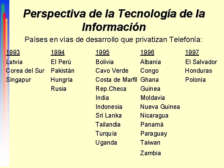 Perspectiva de la Tecnología de la Información Países en vías de desarrollo que privatizan