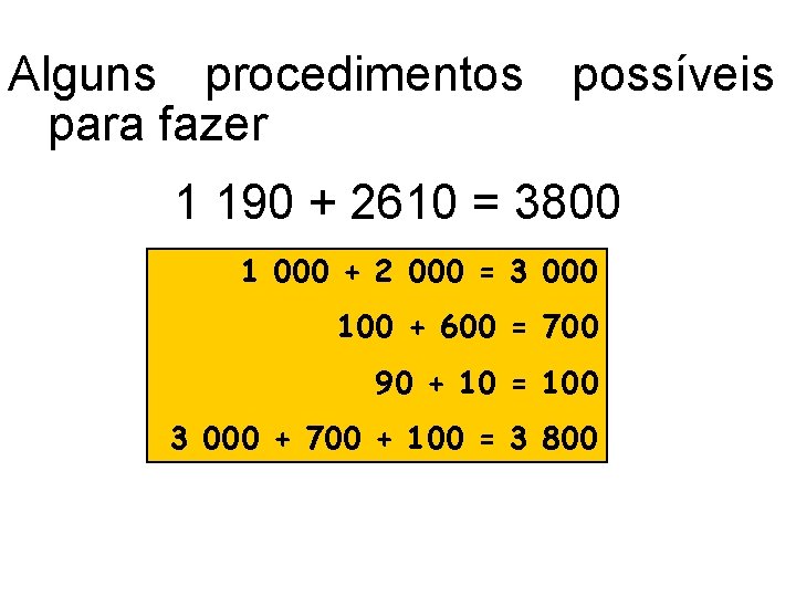 Alguns procedimentos possíveis para fazer 1 190 + 2610 = 3800 1 000 +