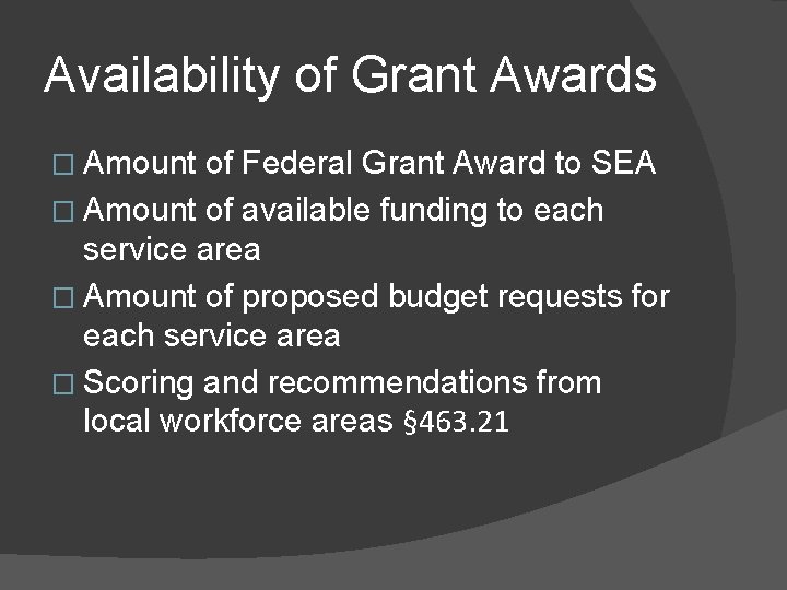 Availability of Grant Awards � Amount of Federal Grant Award to SEA � Amount