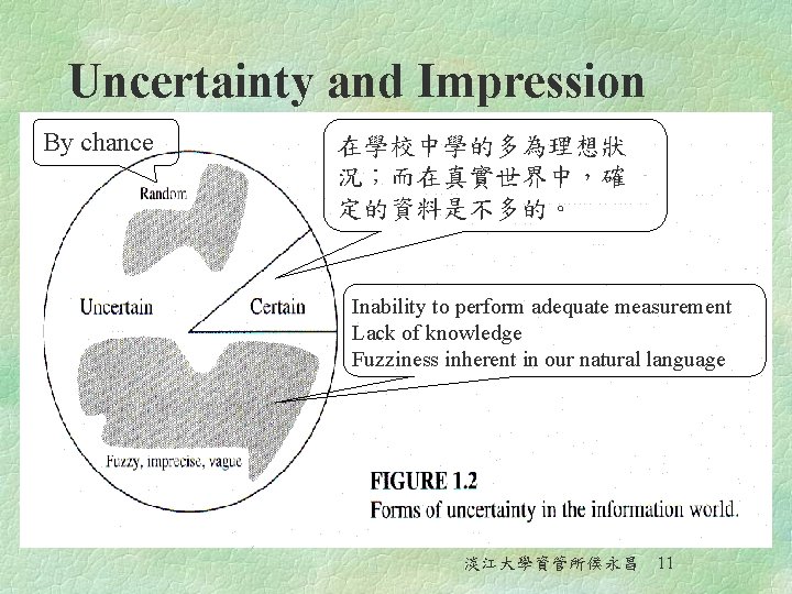 Uncertainty and Impression By chance 在學校中學的多為理想狀 況；而在真實世界中，確 定的資料是不多的。 Inability to perform adequate measurement Lack