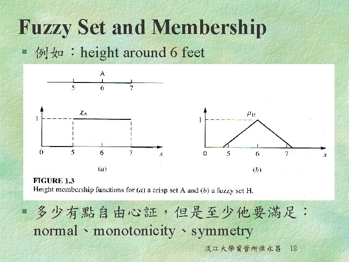 Fuzzy Set and Membership § 例如：height around 6 feet § 多少有點自由心証，但是至少他要滿足： normal、monotonicity、symmetry 淡江大學資管所侯永昌 18