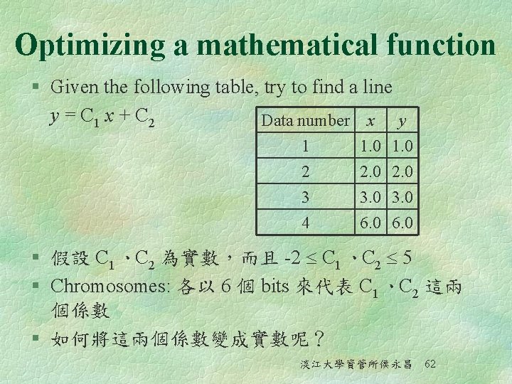 Optimizing a mathematical function § Given the following table, try to find a line