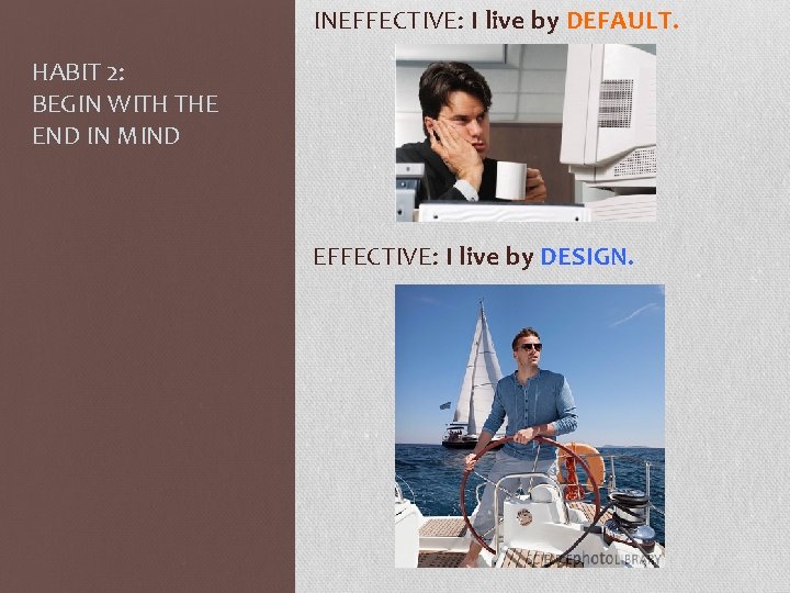 INEFFECTIVE: I live by DEFAULT. HABIT 2: BEGIN WITH THE END IN MIND EFFECTIVE: